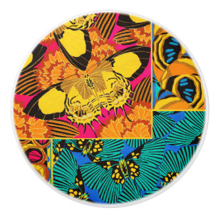 Bouton De Porte En Céramique Art papillon rose et sarcelle maximaliste vibrant
