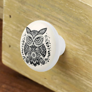 Bouton De Porte En Céramique Art populaire nordique hibou grincheux ivoire noir