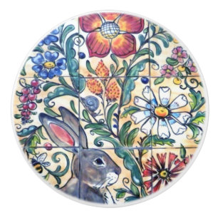 Bouton De Porte En Céramique Art populaire Rabbit Carrelage floral Coloré Sud-o