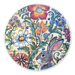 Bouton De Porte En Céramique Art populaire Rabbit Carrelage floral Coloré Sud-o