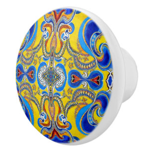 Bouton De Porte En Céramique Artsy motif jaune bleu gras