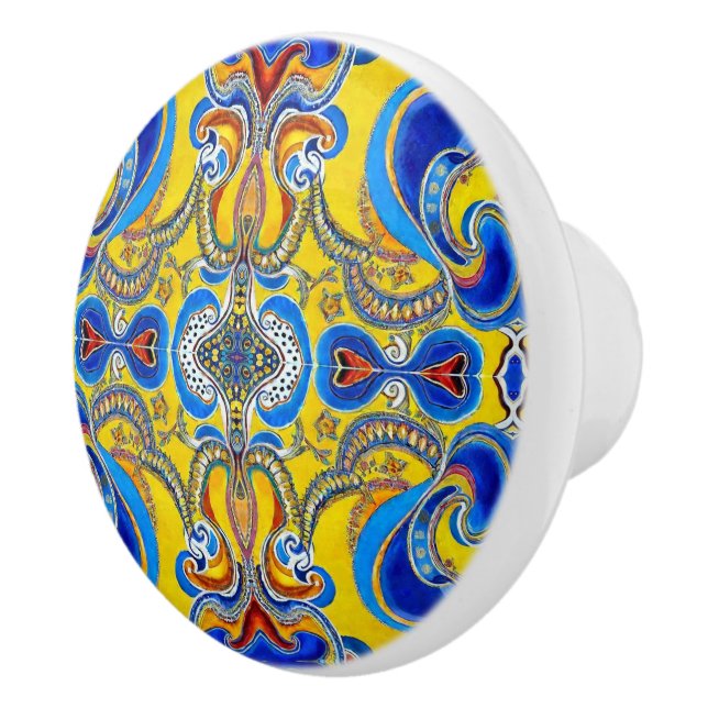 Bouton De Porte En Céramique Artsy motif jaune bleu gras (Droite)