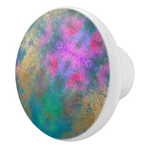 Bouton De Porte En Céramique Artsy turquoise vert rose faux motif doré
