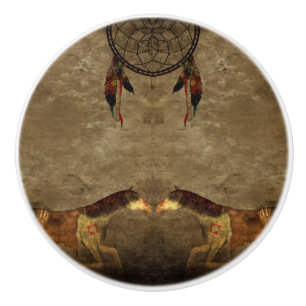 Bouton De Porte En Céramique Autochtone américain - Chevaux et chasseur de rêve