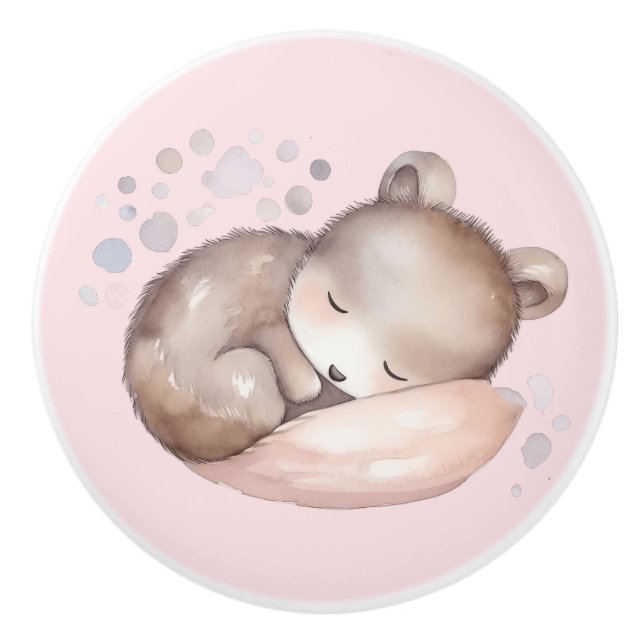 Bouton De Porte En Céramique Baby shower, mignon ours en peluche dormant (Devant)