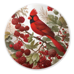 Bouton De Porte En Céramique Baies rouges d'oiseaux du Cardinal Nord