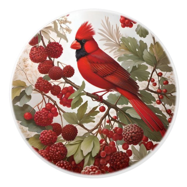 Bouton De Porte En Céramique Baies rouges d'oiseaux du Cardinal Nord (Devant)