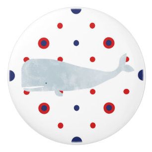 Bouton De Porte En Céramique Baleine aquarelle gris nautique points rouges bleu