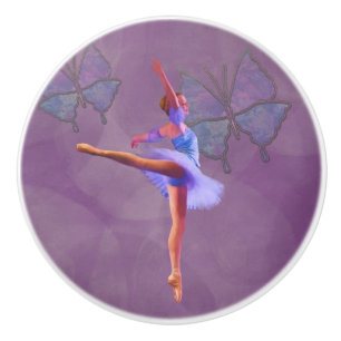 Bouton De Porte En Céramique Ballerine en position d'arabesque dans pourpre et