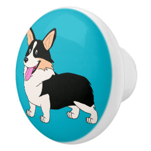 Bouton De Porte En Céramique Bande dessinée tricolore de sourire de corgi de