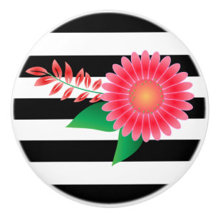 Bouton De Porte En Céramique Bande noire et blanche et Fleur rose
