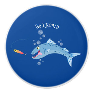 Bouton De Porte En Céramique Barracuda poisson affamé de la pêche dessin animé