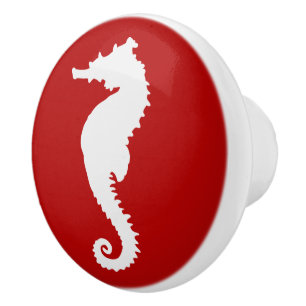 Bouton De Porte En Céramique Bateau nautique de la côte de Seahorse rouge et bl