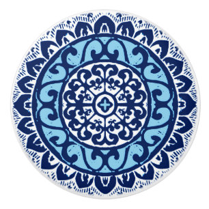 Bouton De Porte En Céramique Batik de mandala de Sun, bleu marine et blanc du