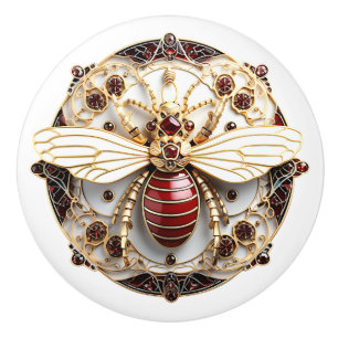 Bouton De Porte En Céramique Beau, Art Déco Gold Roubies Rouge Enamel blanc