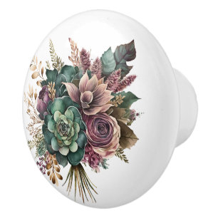 Bouton De Porte En Céramique Beau bouquet floral Turquoise et violet mélangé