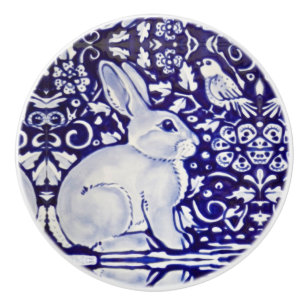 Bouton De Porte En Céramique Beau lapin Bleu Blanc Bois Animal Dedham