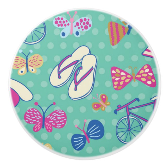 Bouton De Porte En Céramique Beau motif avec des éléments d'été (Devant)