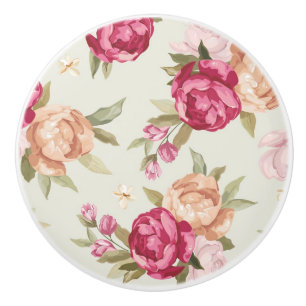Bouton De Porte En Céramique Beau motif de pivoine de couleur sur le vert