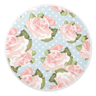 Bouton De Porte En Céramique Beau motif de rose avec le pois bleu