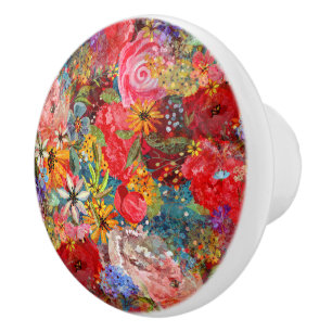 Bouton De Porte En Céramique Beau motif floral Abstrait coloré brillant