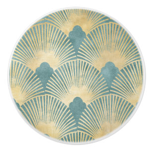 Bouton De Porte En Céramique Beau motif ventilateur, or turquoise, motif Art Dé