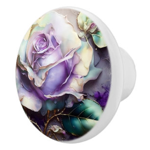 Bouton De Porte En Céramique Beau Vintage Turquoise et violet Roses