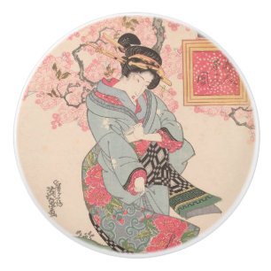 Bouton De Porte En Céramique Beautés sous les fleurs de cerisiers Vintage Ukiyo