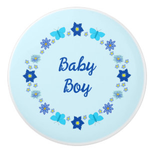 Bouton De Porte En Céramique Bébé bleu Papillons et fleurs personnalisés
