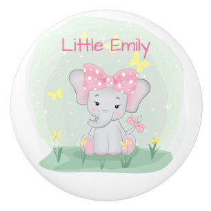 Bouton De Porte En Céramique Bébé éléphant mignon avec un nœud rose dans une cl