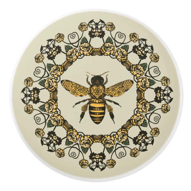 Bouton De Porte En Céramique Bee et Roses victoriens (Devant)