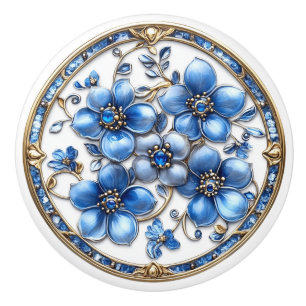 Bouton De Porte En Céramique Belle Bleue Fleurs d'Émail Métallique Gemmes d'or