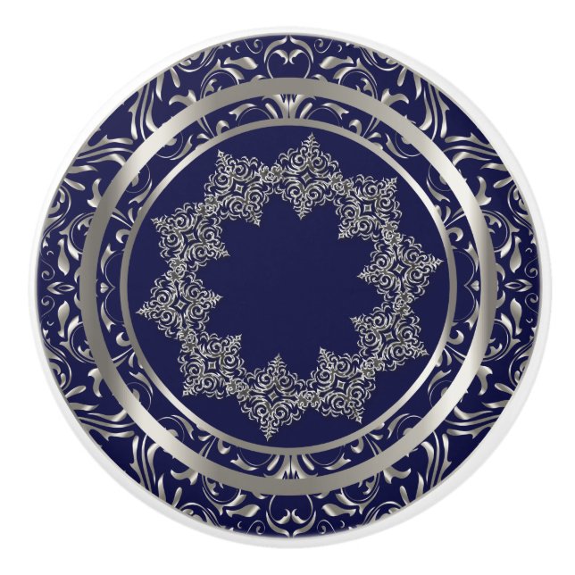 Bouton De Porte En Céramique Belle conception d'argent sur bleu marine (Devant)