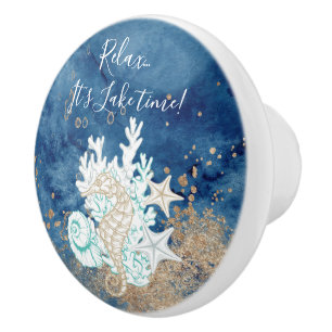 Bouton De Porte En Céramique Belle couleur de sable bleu littoral texte personn