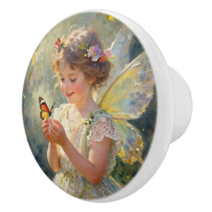 Bouton De Porte En Céramique Belle Fée avec Papillon Conte de fée