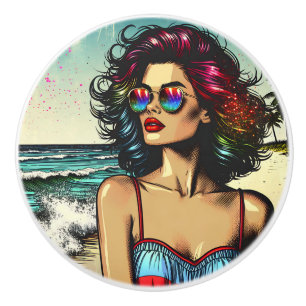 Bouton De Porte En Céramique Belle femme sur la plage Comic Book Pop Art