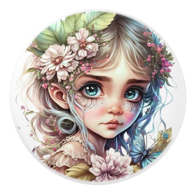 Bouton De Porte En Céramique Belle Imaginaire Fleur Fée série (Devant)