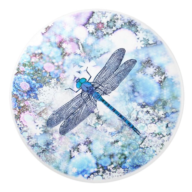 Bouton De Porte En Céramique Belle libellule bleue (Devant)