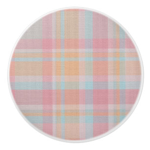 Bouton De Porte En Céramique Belles couleurs cuty rose et bleu tartan plaid