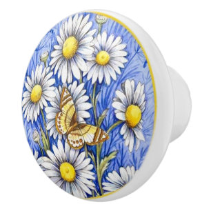 Bouton De Porte En Céramique Belles fleurs blanches sur l'arrière - plan bleu