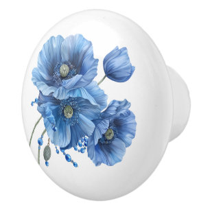 Bouton De Porte En Céramique Belles Poppies Bleues et Pierres