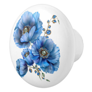Bouton De Porte En Céramique Belles Poppies Bleues et Pierres