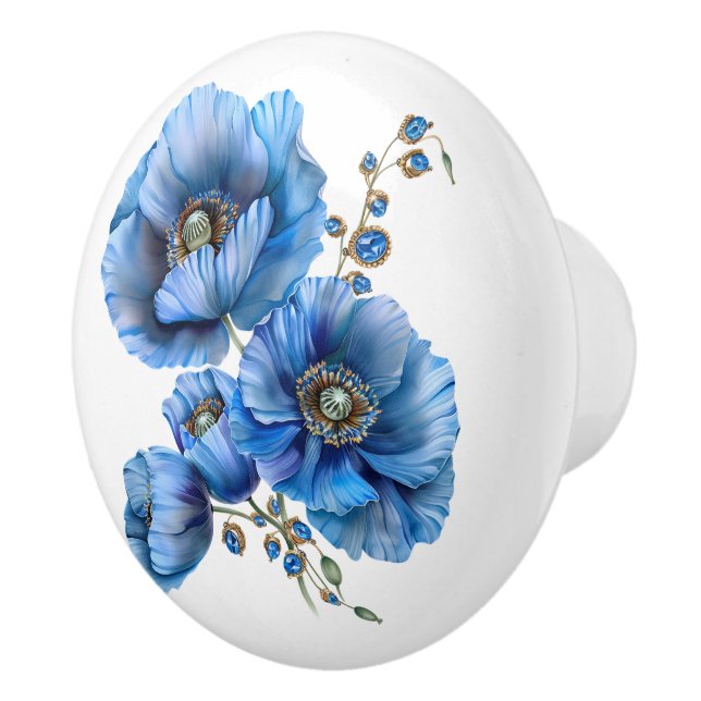 Bouton De Porte En Céramique Belles Poppies Bleues et Pierres (Droite)