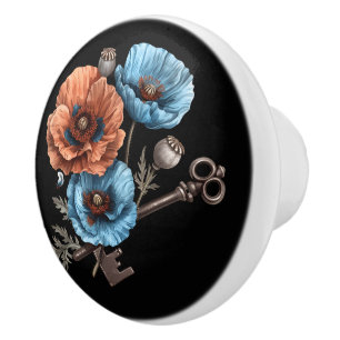 Bouton De Porte En Céramique Belles Poppies bleues et rouges avec clés