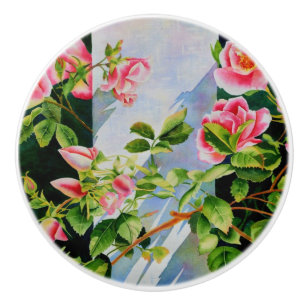 Bouton De Porte En Céramique Belles roses roses roses, roses rouges, aquarelle 