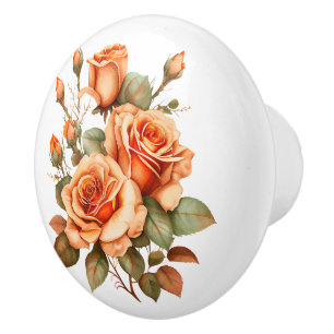 Bouton De Porte En Céramique Belles tiges de Rose orange