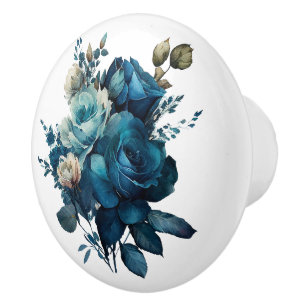 Bouton De Porte En Céramique Belles tiges de Roses Turquoises