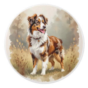 Bouton De Porte En Céramique Berger Australien Merle Rouge Aussie