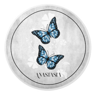 Bouton De Porte En Céramique Beurre bleu florale cercueil personnalisé