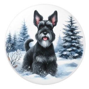 Bouton De Porte En Céramique Black Schnauzer Winter Watercolor Art